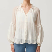 KINSLEY CRINKLE COTTON SILK LACE TRIM BLOUSE