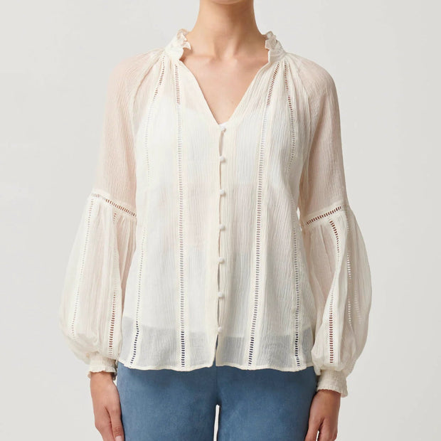 KINSLEY CRINKLE COTTON SILK LACE TRIM BLOUSE