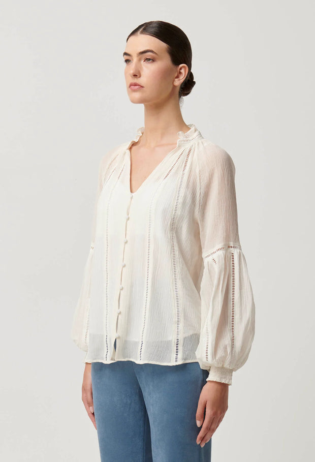 KINSLEY CRINKLE COTTON SILK LACE TRIM BLOUSE