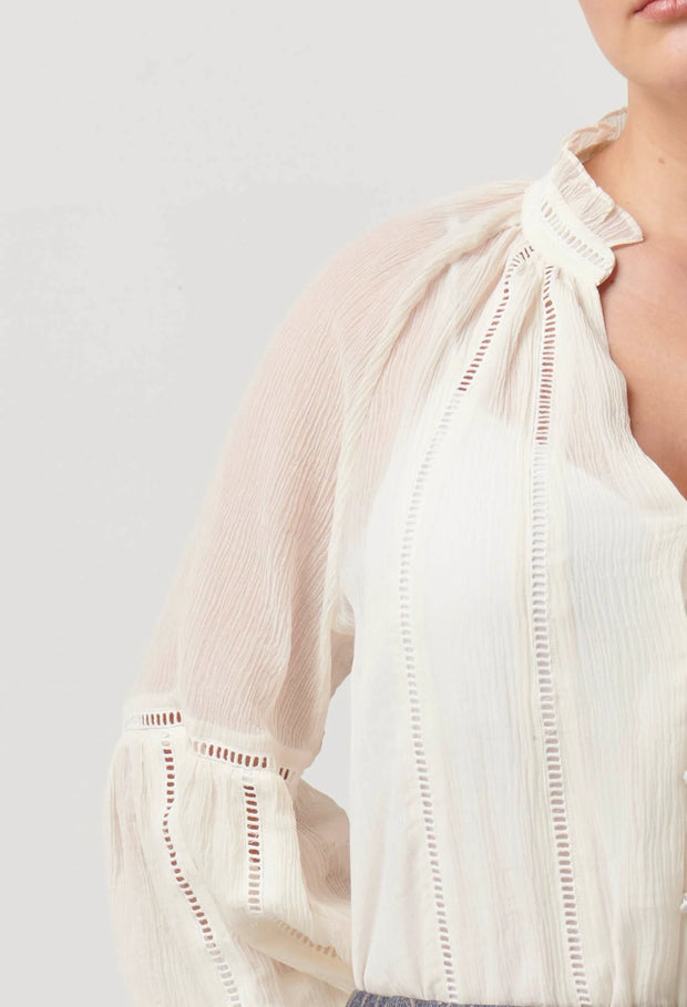 KINSLEY CRINKLE COTTON SILK LACE TRIM BLOUSE