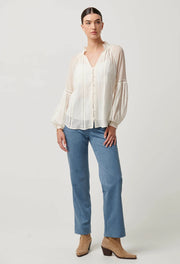 KINSLEY CRINKLE COTTON SILK LACE TRIM BLOUSE