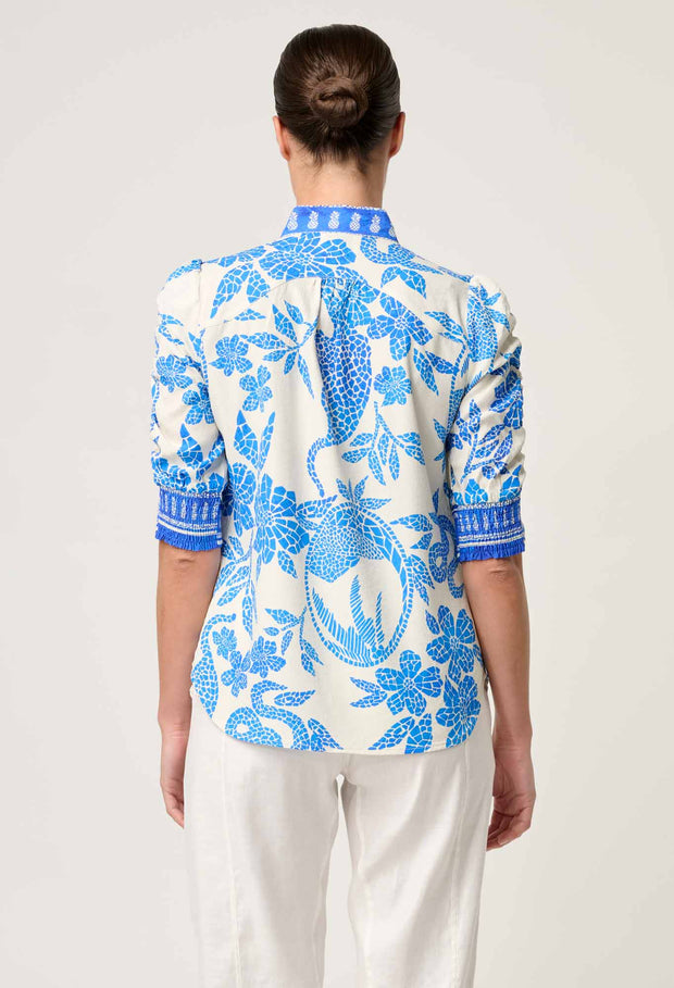 CALANTHA VISCOSE DOBBY RUCHED SLEEVE SHIRT