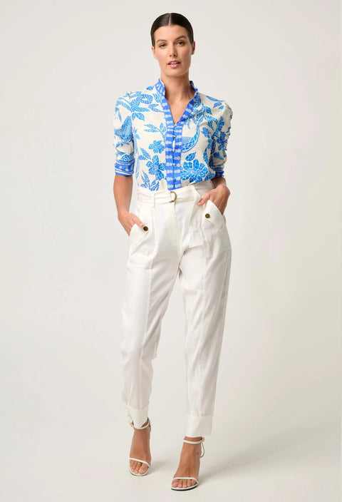 CALANTHA VISCOSE DOBBY RUCHED SLEEVE SHIRT