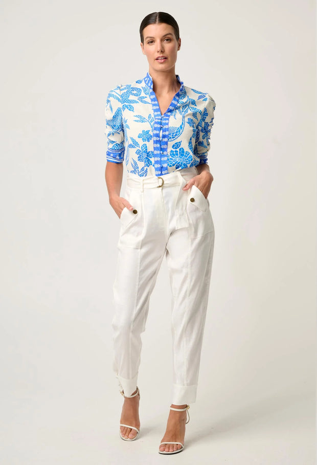 CALANTHA VISCOSE DOBBY RUCHED SLEEVE SHIRT