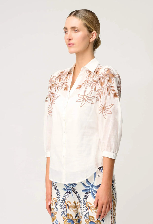 CALLISTO COTTON EMBROIDERED SHIRT - IVORY-DUNE