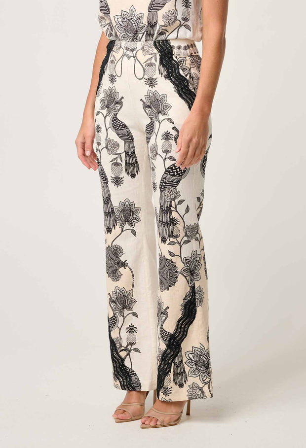LEANDRO CONTRAST LACE LINEN VISCOSE STRETCH PANT