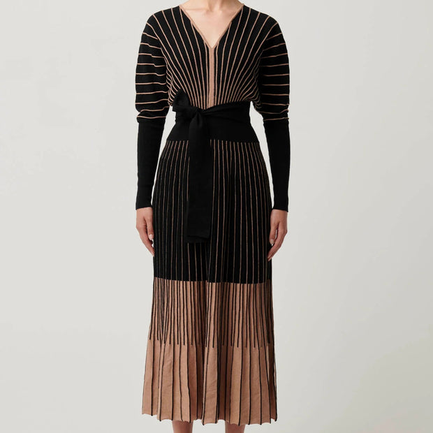 EQUINOX EXTRA FINE WOOL COTTON BLEND OMBRÉ STRIPE KNIT MIDI DRESS