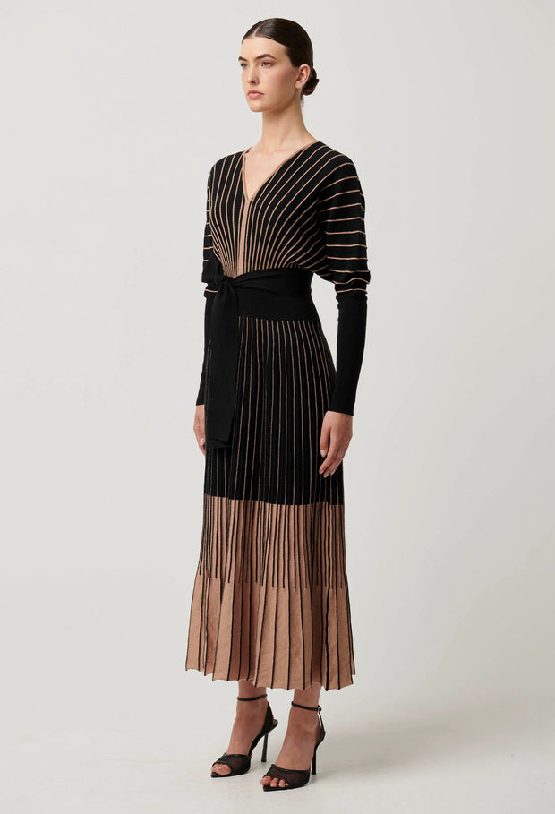 EQUINOX EXTRA FINE WOOL COTTON BLEND OMBRÉ STRIPE KNIT MIDI DRESS