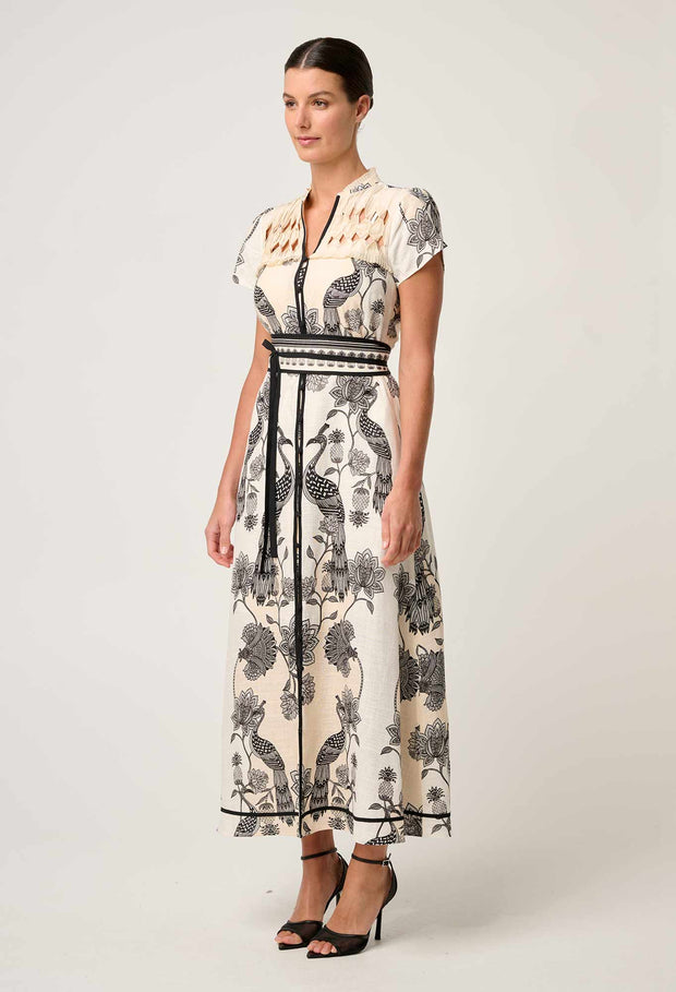 XANTHIA DIAMOND SMOCK YOKE LINEN VISCOSE DRESS