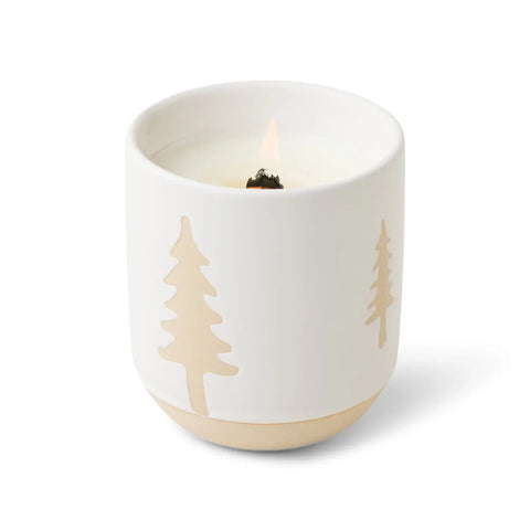 WHITE CERAMIC TREE PATTERN CANDLE - CYPRESS & FIR