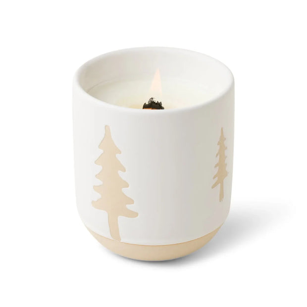 WHITE CERAMIC TREE PATTERN CANDLE - CYPRESS & FIR