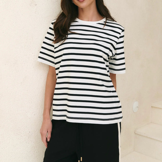 BINDING BLACK WHITE STRIPE BOXY FIT TEE