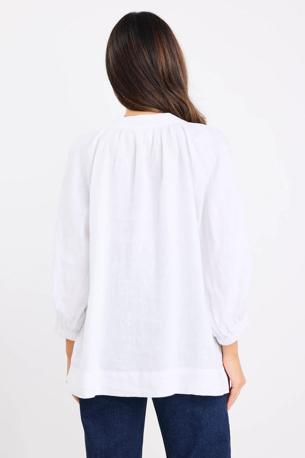 RESTORATION WHITE LINEN BUTTON FRONT MID SLEEVE BLOUSE