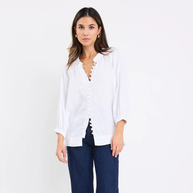 RESTORATION WHITE LINEN BUTTON FRONT MID SLEEVE BLOUSE