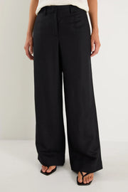 SHELTER BLACK LINEN VISCOSE FLAT FRONT WIDE PANTS