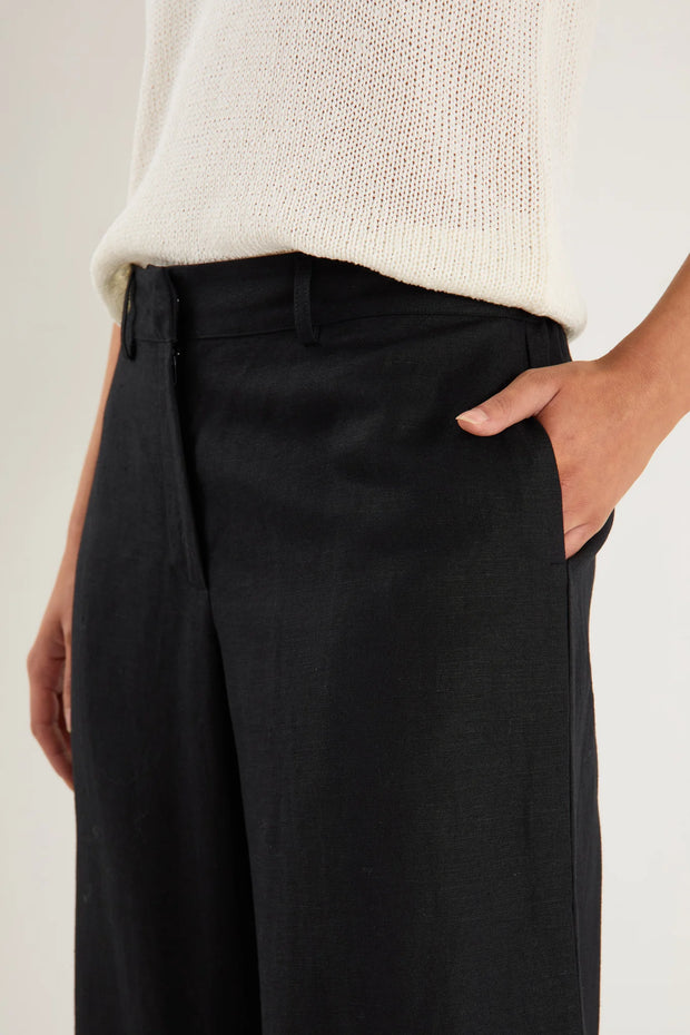 SHELTER BLACK LINEN VISCOSE FLAT FRONT WIDE PANTS