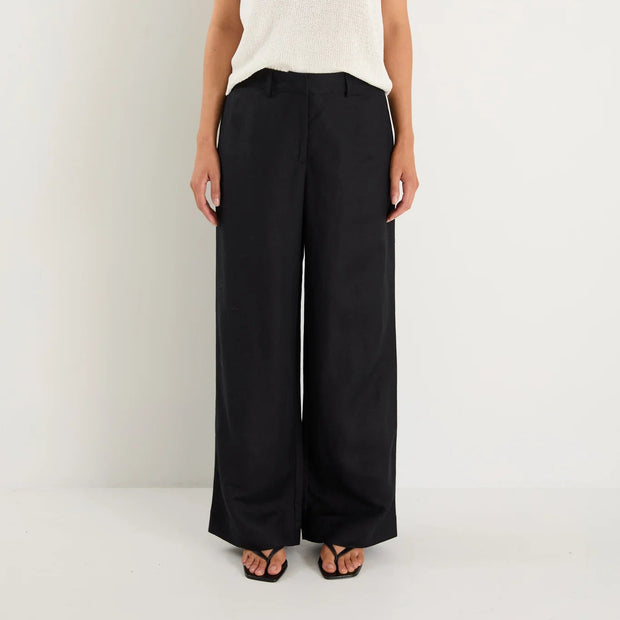 SHELTER BLACK LINEN VISCOSE FLAT FRONT WIDE PANTS
