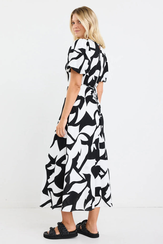 STAGE CUT OUT PRINT PUFF SLEEVE FLOATY MAXI DRESS