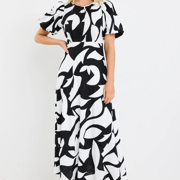 STAGE CUT OUT PRINT PUFF SLEEVE FLOATY MAXI DRESS