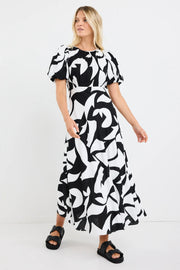 STAGE CUT OUT PRINT PUFF SLEEVE FLOATY MAXI DRESS