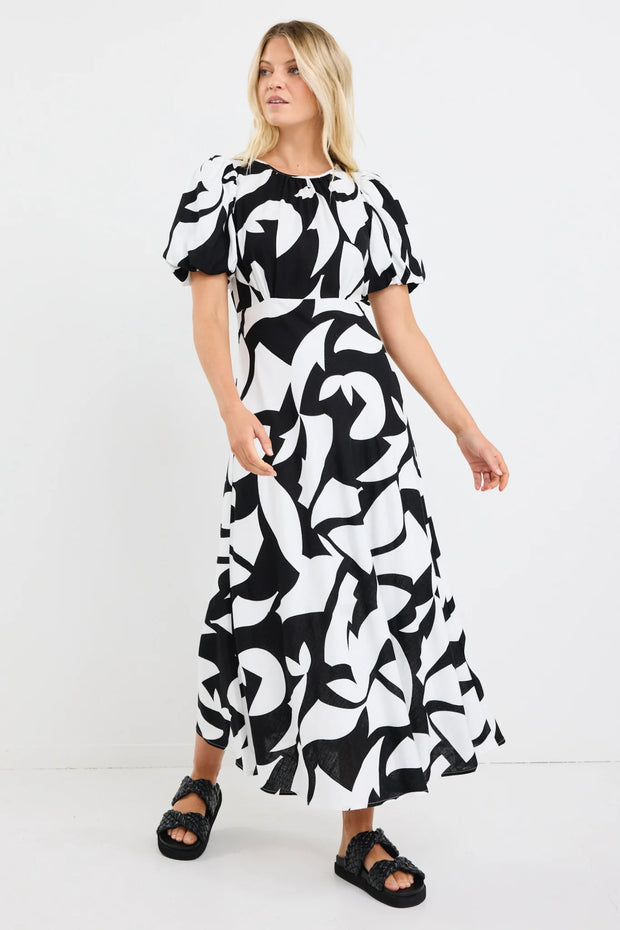 STAGE CUT OUT PRINT PUFF SLEEVE FLOATY MAXI DRESS