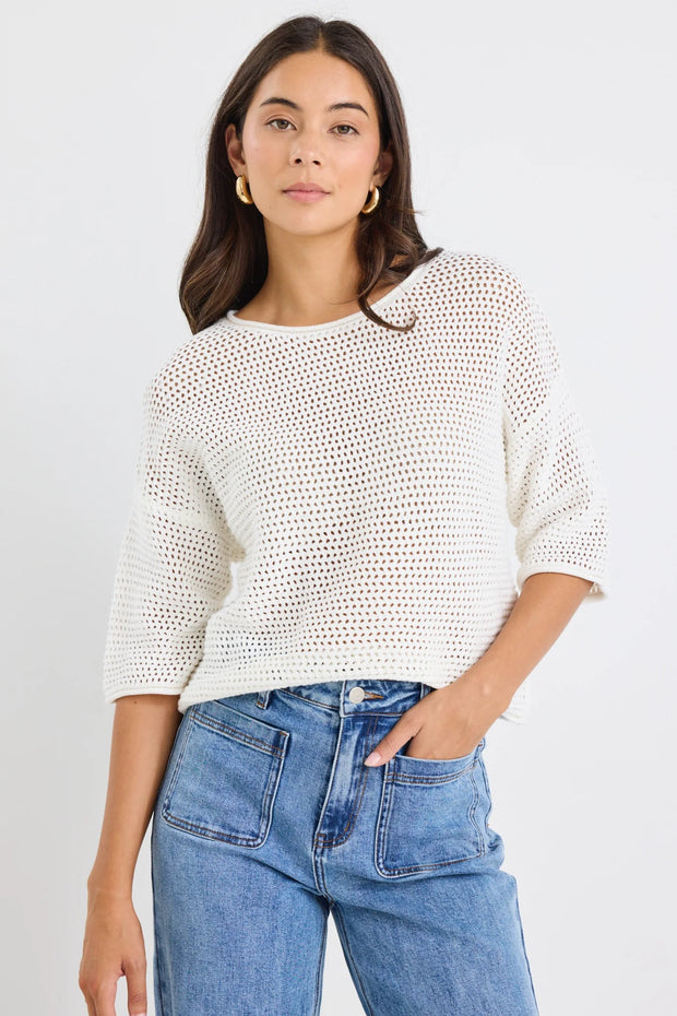 SUNRISE IVORY SS CROCHET KNIT TEE