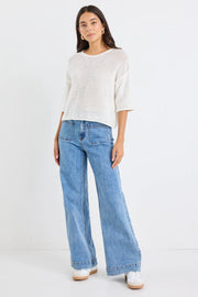 SUNRISE IVORY SS CROCHET KNIT TEE