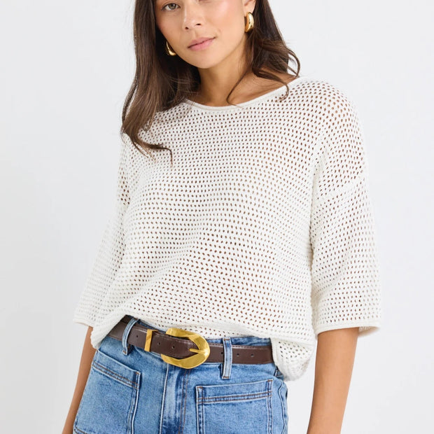 SUNRISE IVORY SS CROCHET KNIT TEE