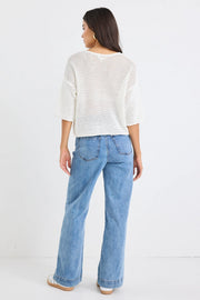 SUNRISE IVORY SS CROCHET KNIT TEE