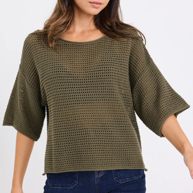 SUNRISE KHAKI SS CROCHET KNIT TOP