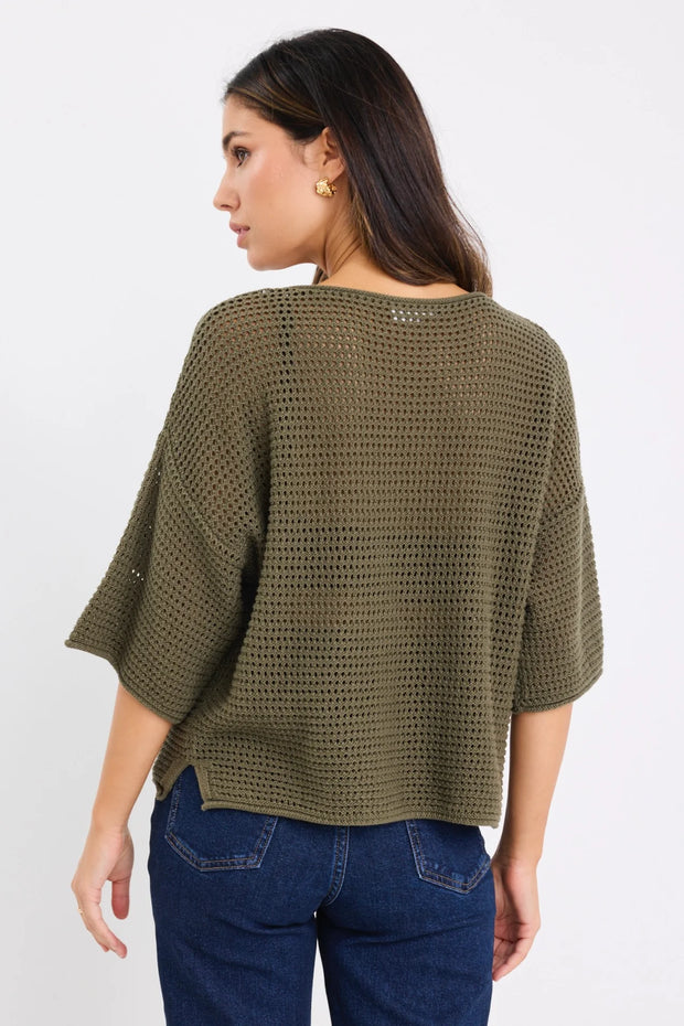 SUNRISE KHAKI SS CROCHET KNIT TOP