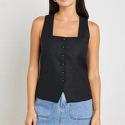 VIADUCT BLACK LINEN VISCOSE SLEEVELESS VEST TOP
