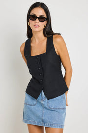 VIADUCT BLACK LINEN VISCOSE SLEEVELESS VEST TOP