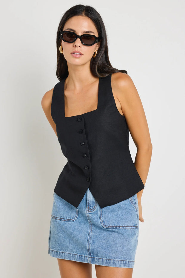 VIADUCT BLACK LINEN VISCOSE SLEEVELESS VEST TOP
