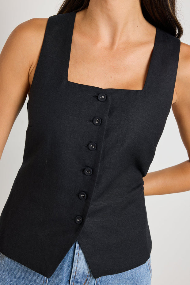 VIADUCT BLACK LINEN VISCOSE SLEEVELESS VEST TOP