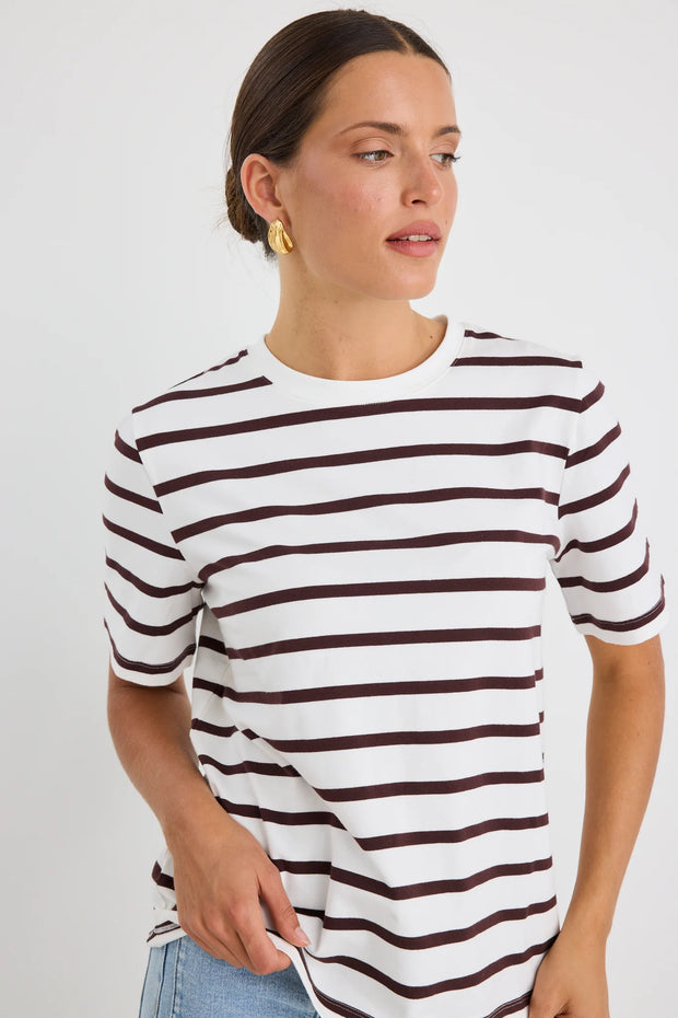 BINDING CHOCOLATE WHITE STRIPE BOXY FIT TEE