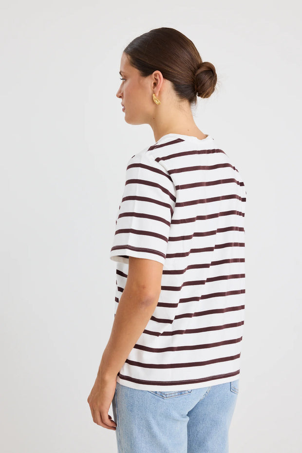 BINDING CHOCOLATE WHITE STRIPE BOXY FIT TEE