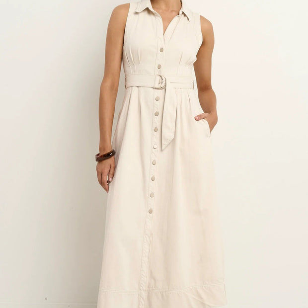 CRESCENT ECRU DENIM SLEVELESS MIDI SHIRT DRESS