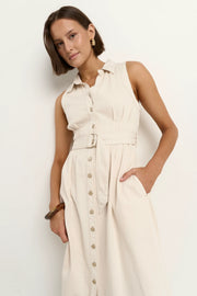 CRESCENT ECRU DENIM SLEVELESS MIDI SHIRT DRESS
