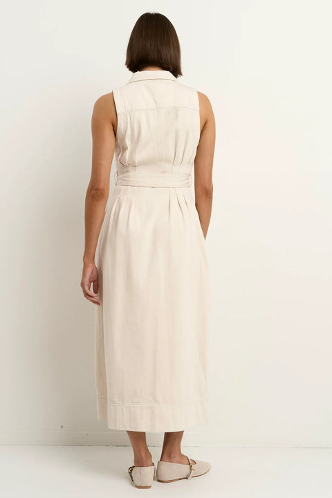 CRESCENT ECRU DENIM SLEVELESS MIDI SHIRT DRESS