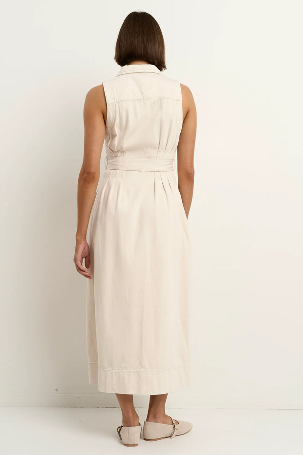 CRESCENT ECRU DENIM SLEVELESS MIDI SHIRT DRESS