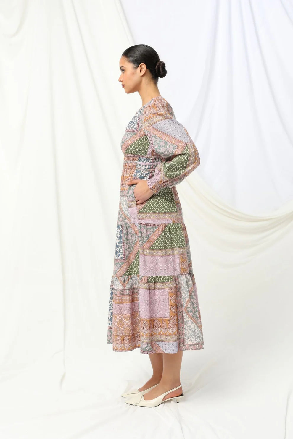 knee length dresses for ladies Brunch Date Mixed Media Floral Tiered Midi Dress - Pink Multi